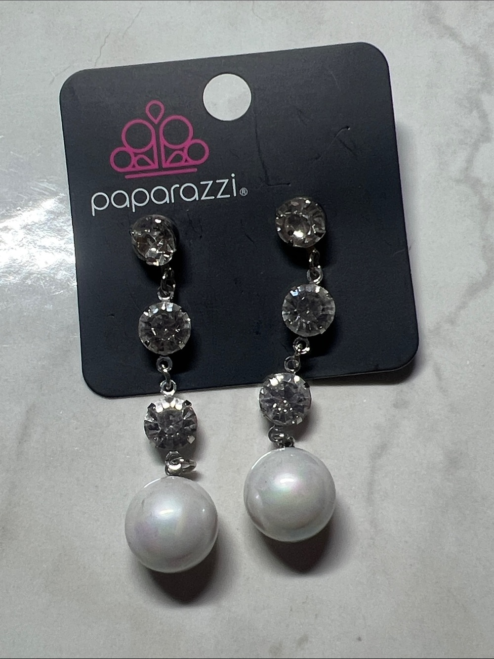 Paparazzi Silver Crystal & White Pearl Drop Earrings